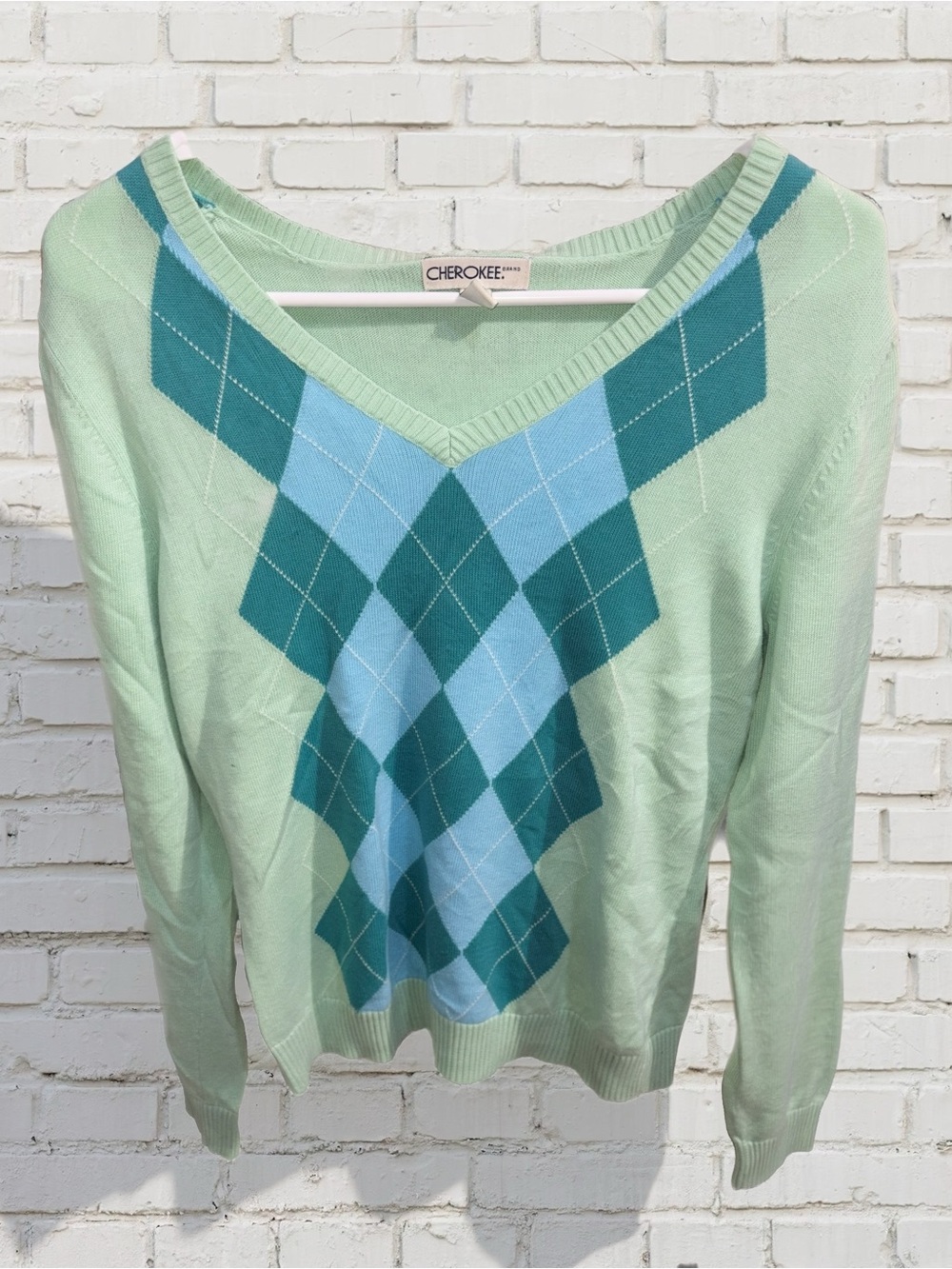Vintage Y2K Cherokee Mint Blue Argyle V-Neck 100% Cotton Sweater Size S